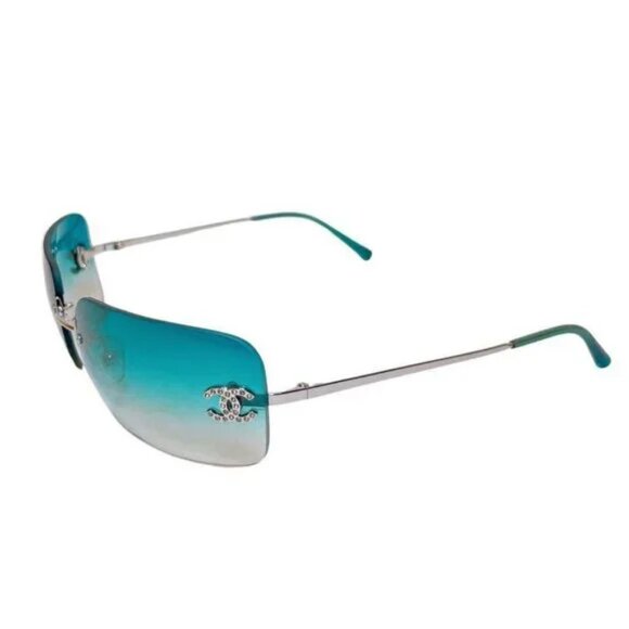 RARE Chanel Vintage Sunglasses Rhinestone Crystal CC Logo Rimless Gradient Blue - Picture 7 of 11